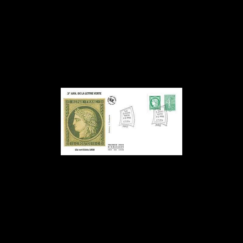 FDC - La lettre verte a 3 ans - 15c vert Cérès 1850 - oblit 6/11/14 Paris