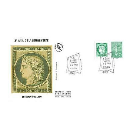 FDC - La lettre verte a 3 ans - 15c vert Cérès 1850 - oblit 6/11/14 Paris