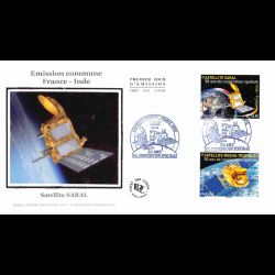 FDC soie - Emission commune France Inde, satellite SARAL, oblit 10/4/15 Paris