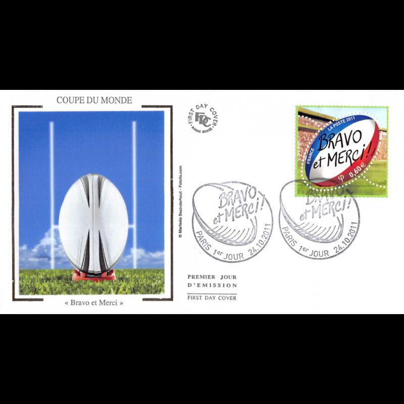FDC soie - Coupe du monde Rugby, bravo et merci, oblit 24/10/2011 Paris
