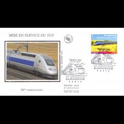 FDC soie - 30e anniversaire mise en service du TGV, oblit 27/9/2011 Paris