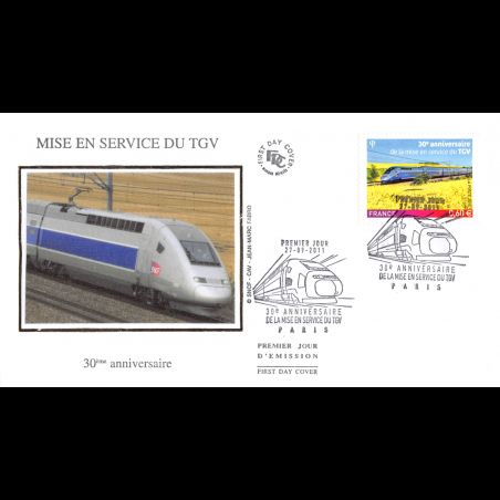 FDC soie - 30e anniversaire mise en service du TGV, oblit 27/9/2011 Paris