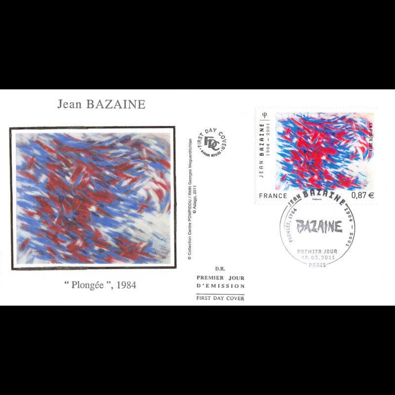 FDC soie - Jean Bazaine, plongée, oblit 18/3/2011 Paris