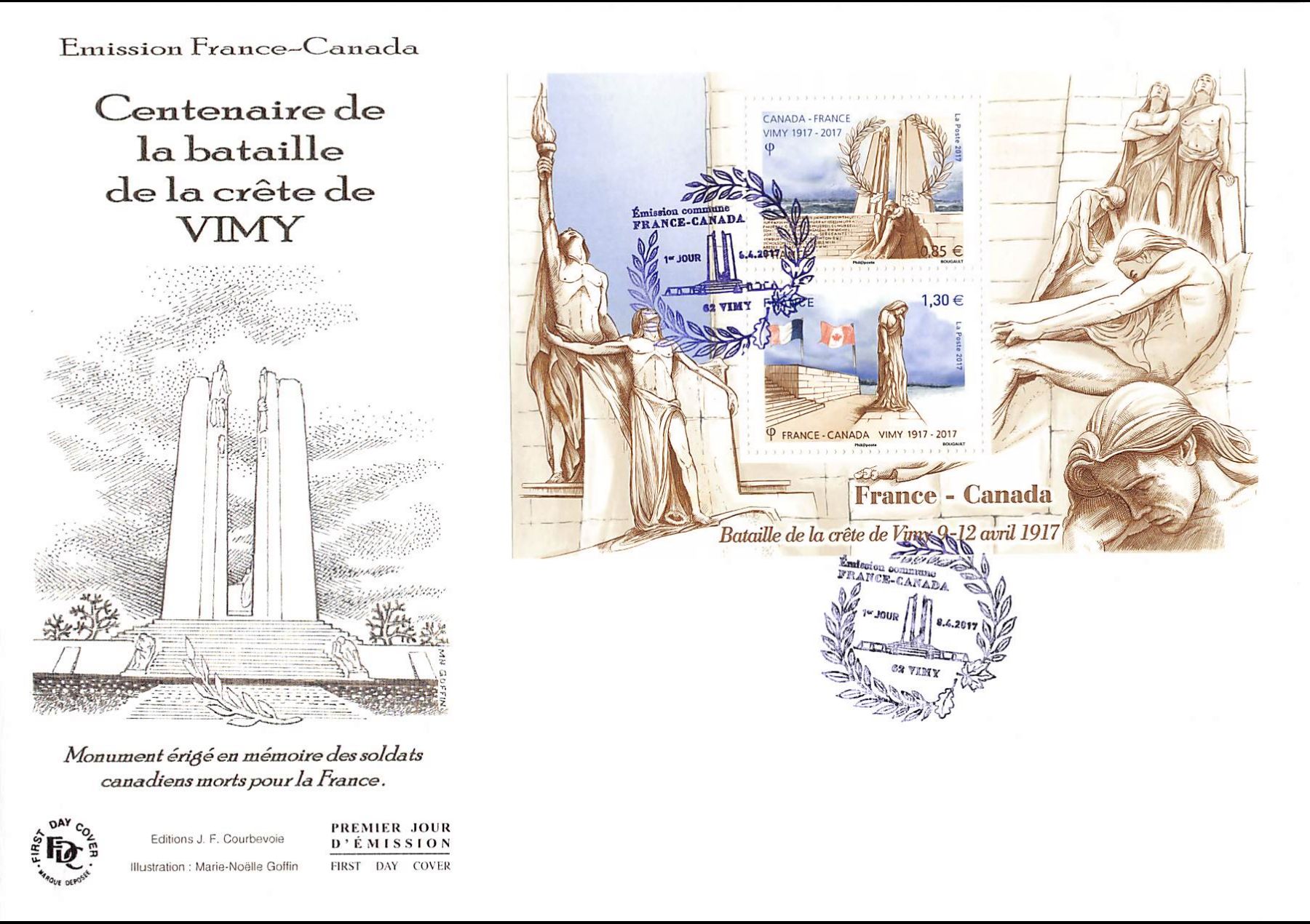 FDC GF JF - Bloc centenaire bataille de Vimy, oblit 8/4/2017