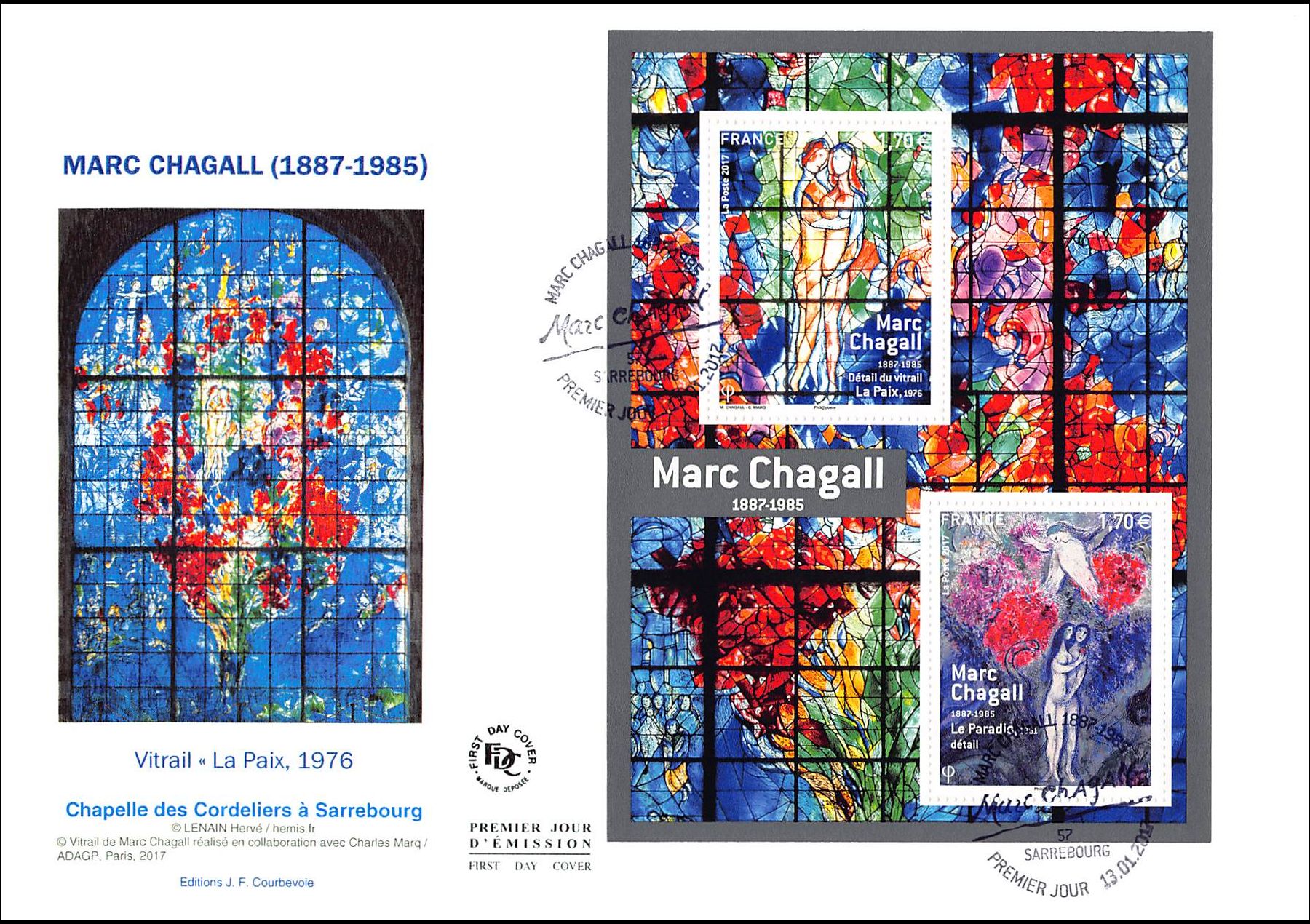 FDC GF JF - Bloc Marc Chagall, oblit 13/1/2017 Sarrebourg