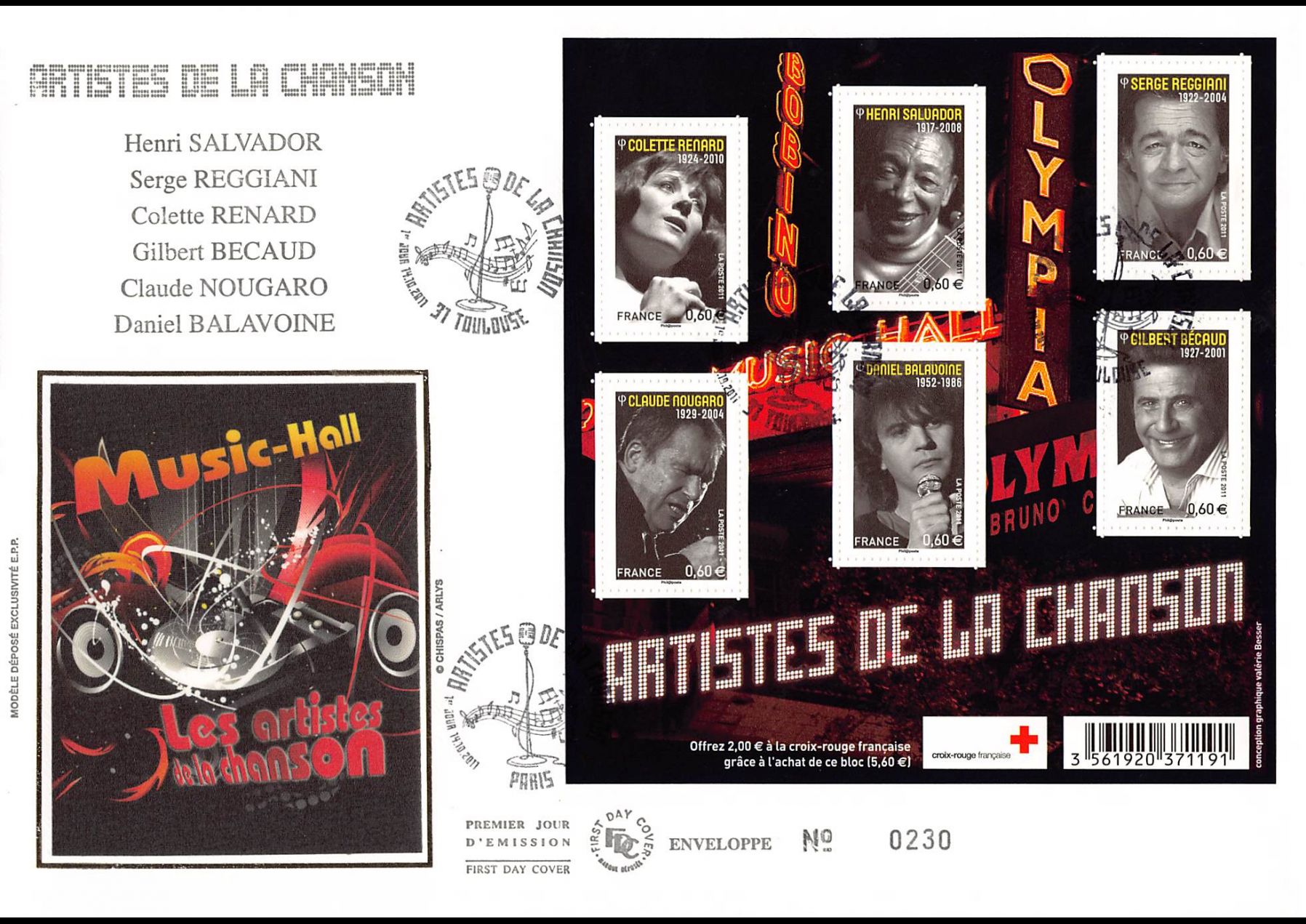 FDC GF soie -  Bloc artistes de la chanson, oblit Paris 14/10/11