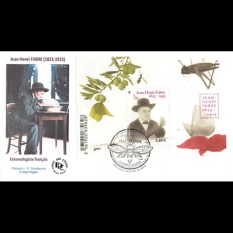 FDC JF - Jean Henri Fabre, entomologiste - oblit 2/10/15 Saint Léons