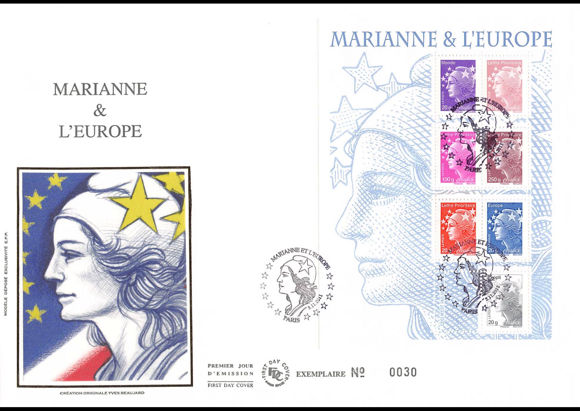 FDC GF soie - Bloc Marianne et l'europe, TVP 2011, 3/11/2011 Paris