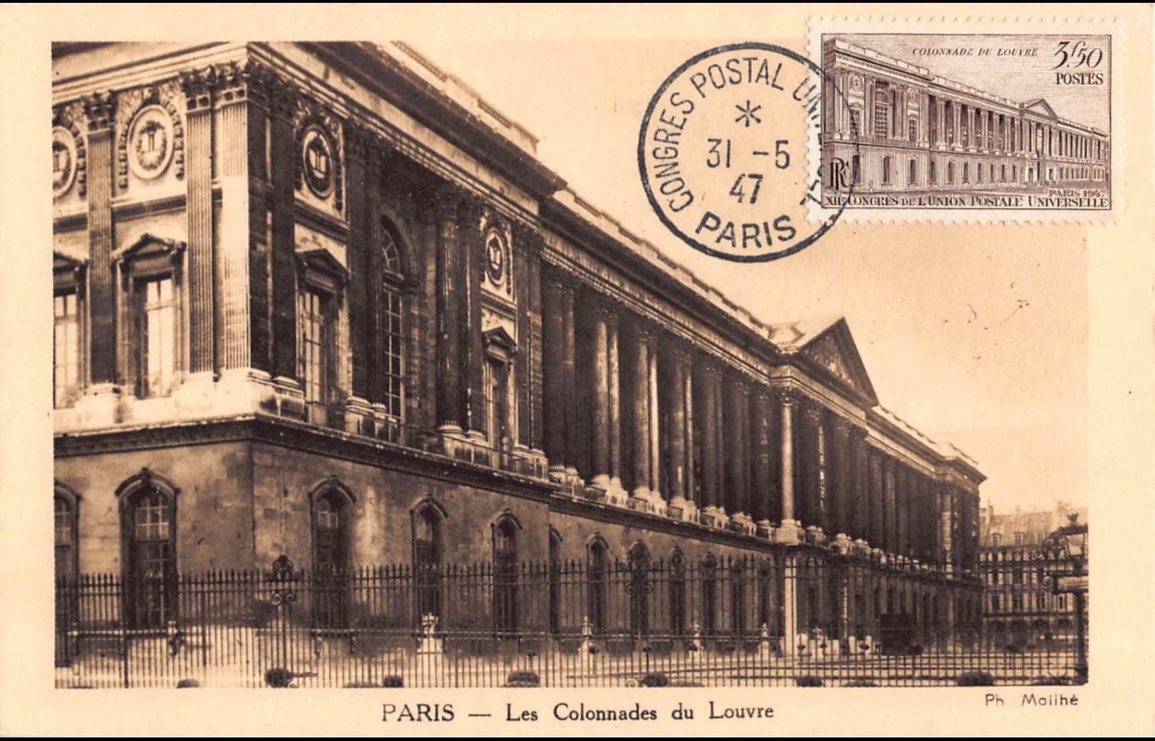 Carte maximum - n° 780 - Congrès de l'union postale universelle - Les colonnades du Louvre à Paris