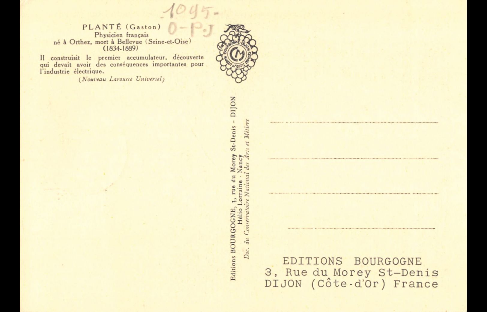 Carte maximum n° 1095 Gaston Planté. Accumulateur électrique