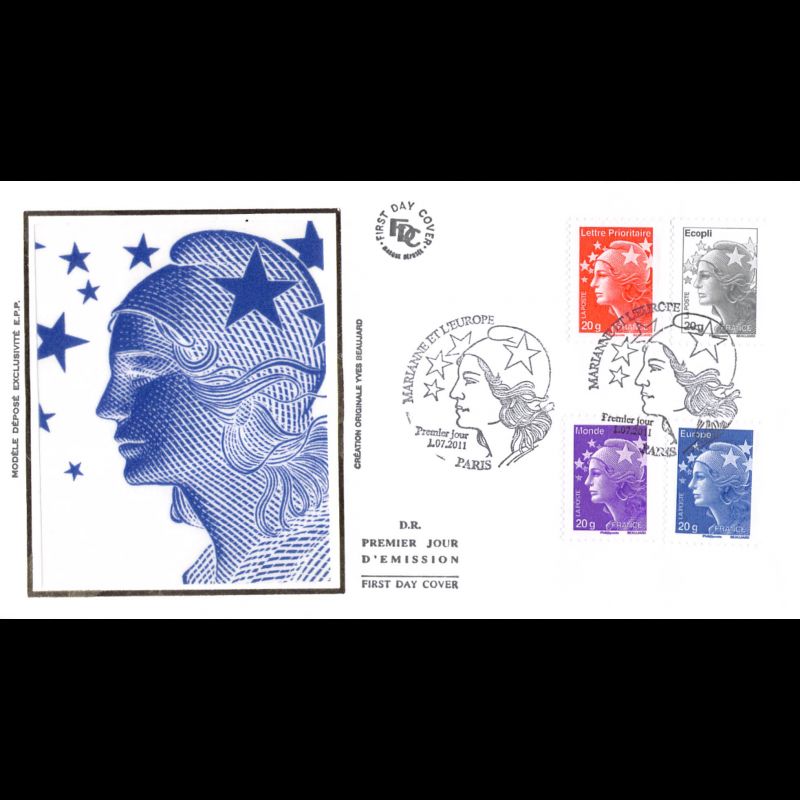 FDC soie - Marianne et l'europe - Valeurs TVP, 2 enveloppes, oblit 1/7/11 Paris