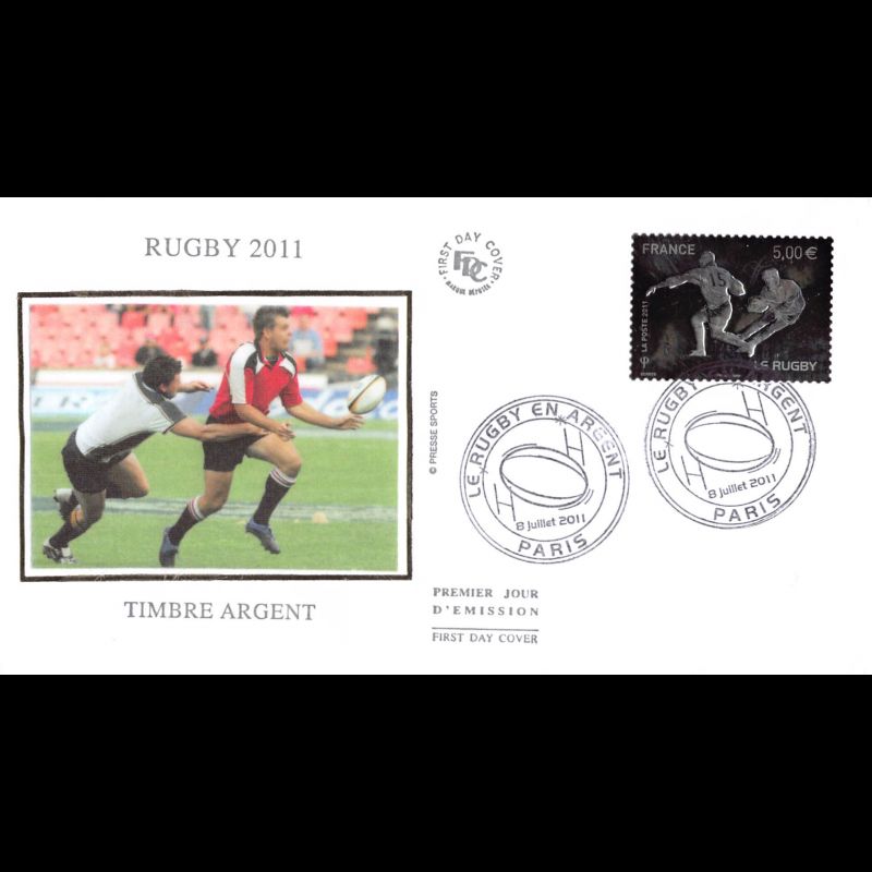 FDC soie v2 - Rugby 2011, timbre argent, oblit 8/7/2011 Paris