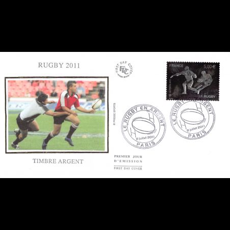 FDC soie v2 - Rugby 2011, timbre argent, oblit 8/7/2011 Paris