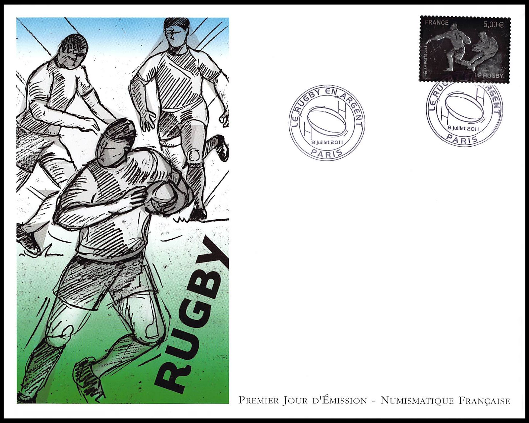 FDC GF LNF - Rugby 2011, timbre argent (oxydé), oblit 8/7/2011 Paris