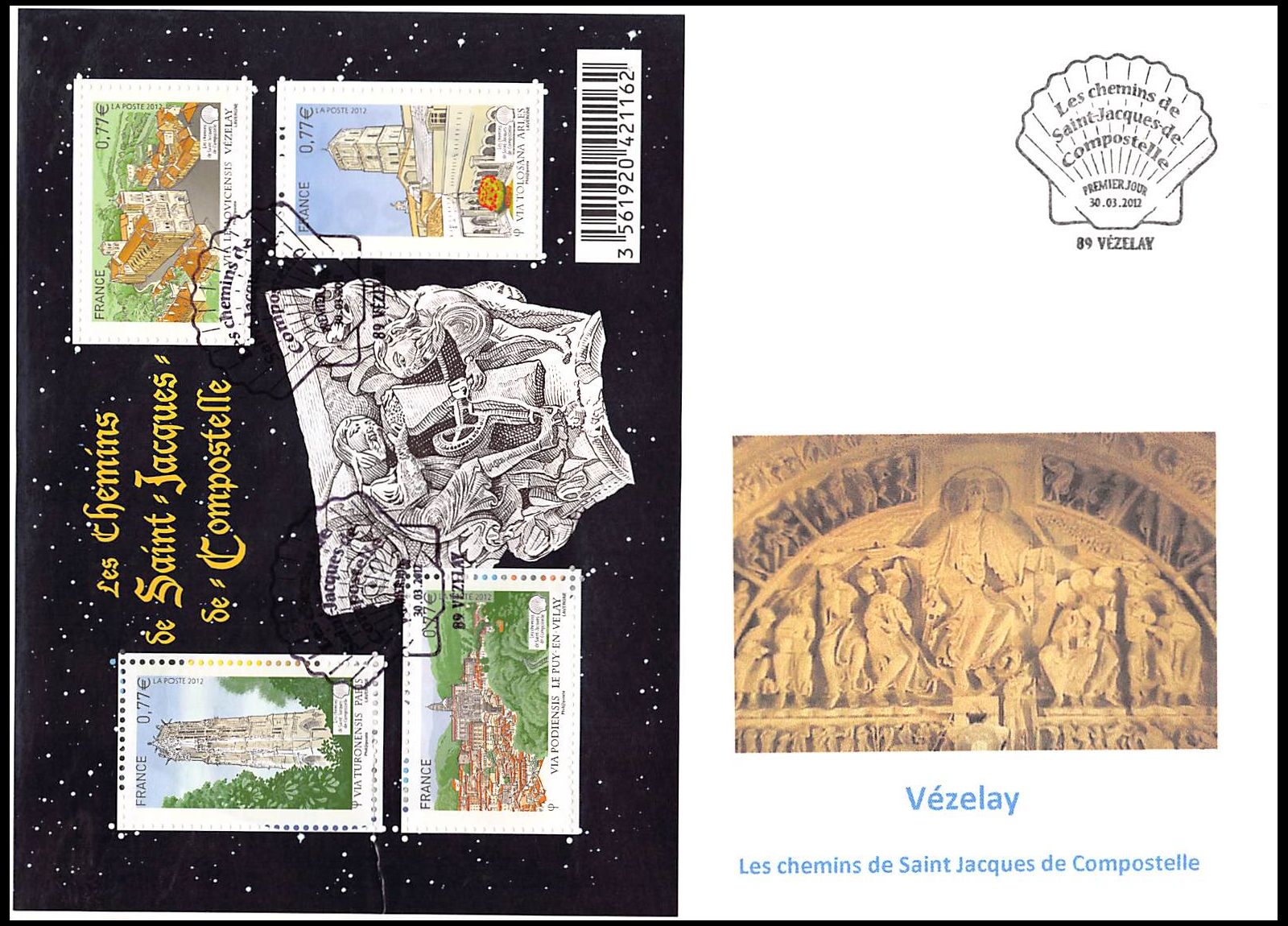 FDC GF FFAP - Bloc chemins de compostelle, oblit Paris 30/3/12
