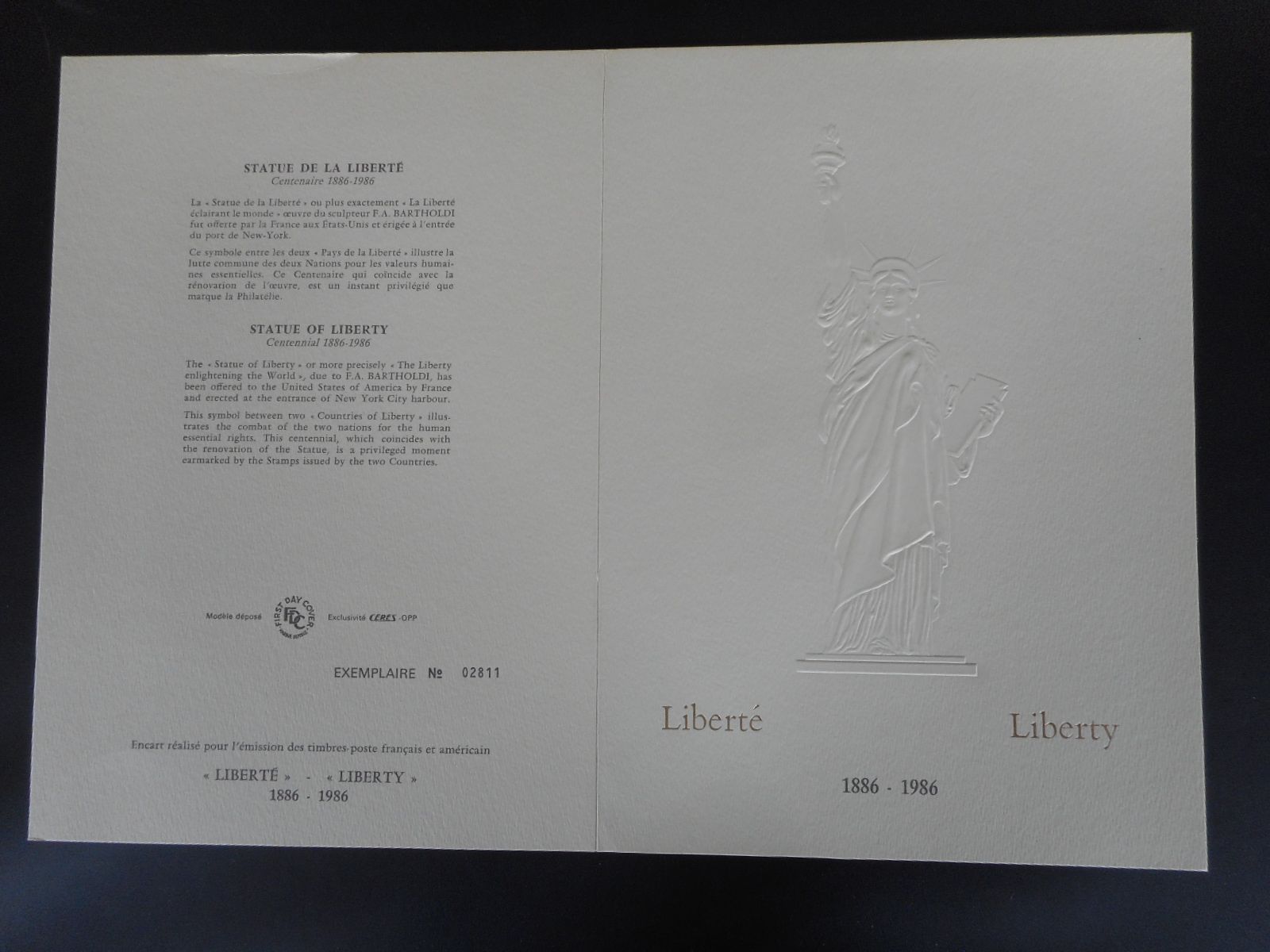 Encart Philatélique de Luxe 1986 1er jour Liberté Liberty