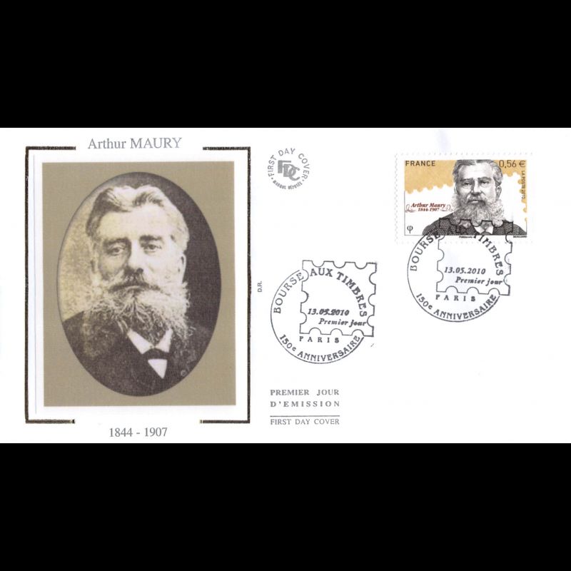 FDC soie - 150e anniv bourse aux timbres, Arthur Maury - oblit 13/5/2010 Paris