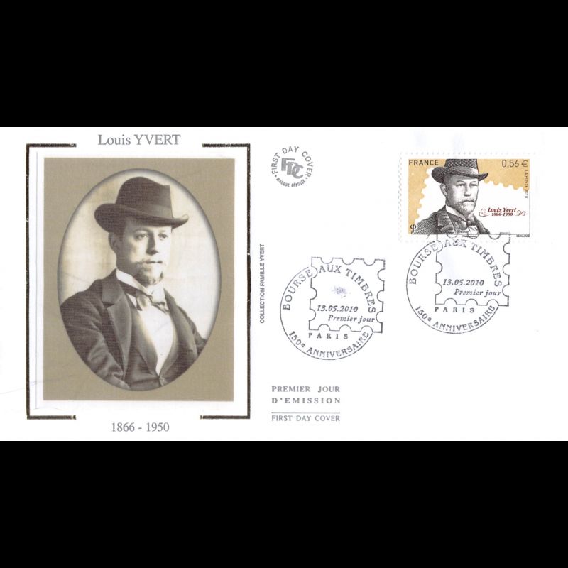 FDC soie - 150e anniv bourse aux timbres, Louis Yvert - oblit 13/5/2010 Paris