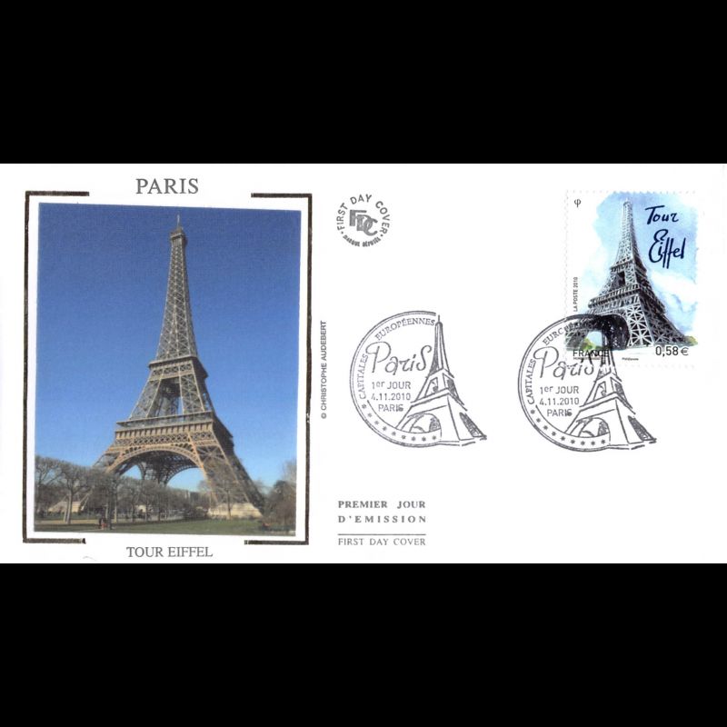 FDC soie - Capitales européennes, Paris, Tour Eiffel, oblit 4/11/10 Paris