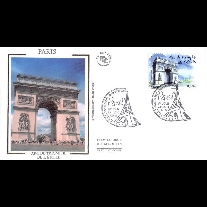 FDC soie - Capitales européennes, Paris, Arc de Triomphe, oblit 4/11/10 Paris