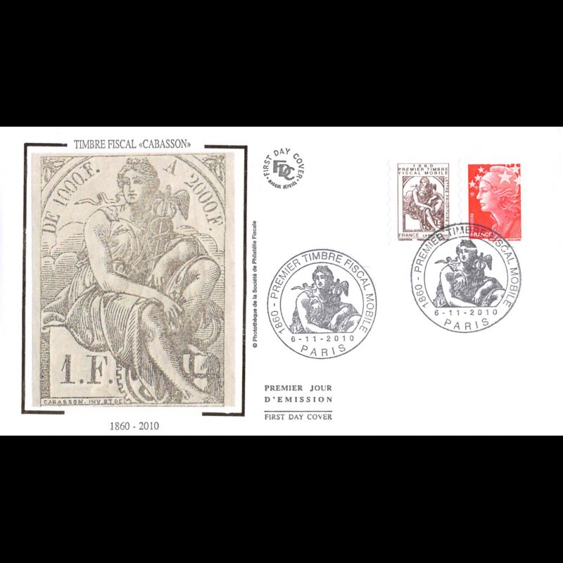 FDC soie - 150e anniv 1er timbre fiscal mobile Cabasson, oblit 6/11/10 Paris