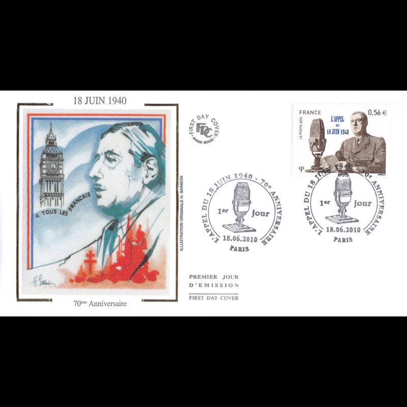 FDC soie - 70e anniv appel du 18 juin 1940 - oblit 18/6/2010 Paris
